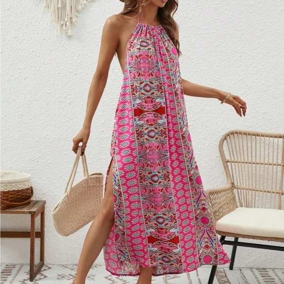 Boho Floral Paisley Print Backless Slit Halter Neck Maxi Pink - Picture 3 of 6